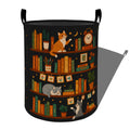 Ti Caldi Vintage Cat Bookshelf Laundry Basket, Retro Book Clock Floral Star Storage Hamper, Round Collapsible Waterproof Cloth B