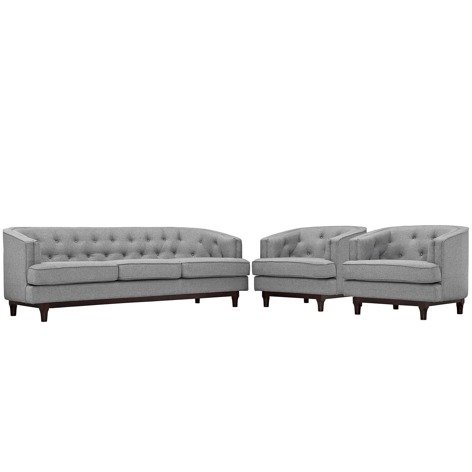 Modway Coast Upholstered Fabric Contemporary Modern Sofa And Two Armchair Set In Light Gray