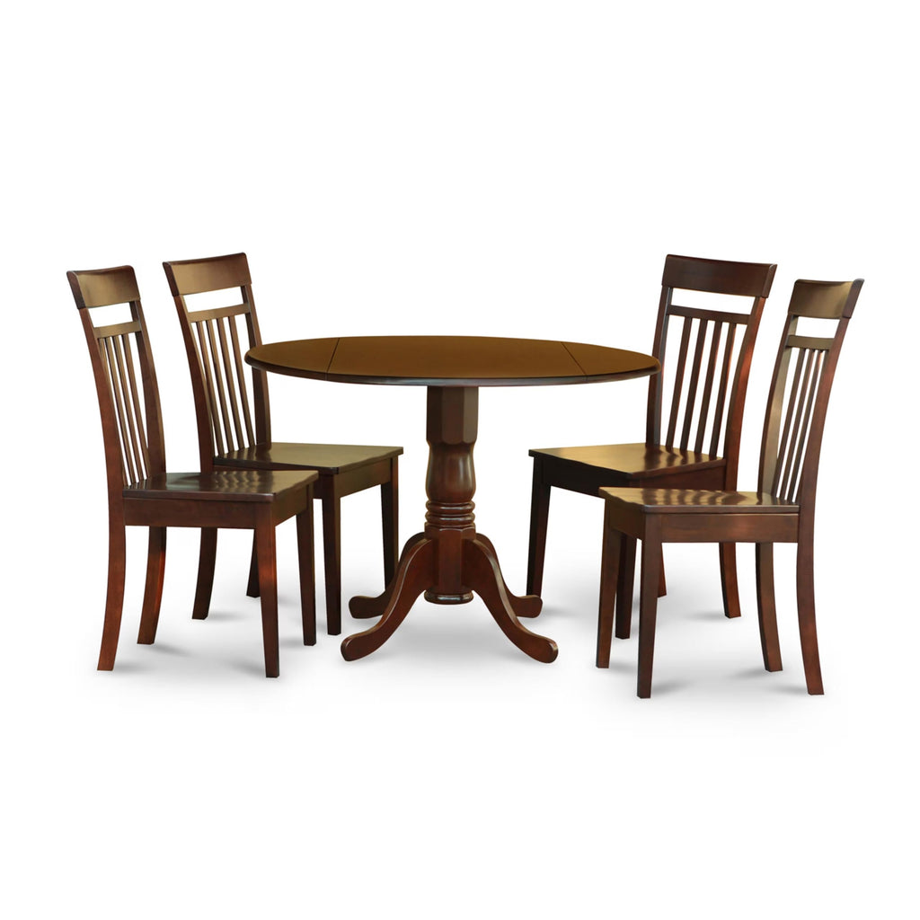 East West Furniture DLCA5-MAH-W 5 Piece Dining Set Includes a Round Dining Room Table with Dropleaf and 4 Wood Seat Chairs, 42x42 Inch, Mahogany