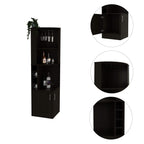 Egina Corner Bar Cabinet with Two Shelves at The Top, Glass Holder, 8 Exterior Bottle Racks, Central Shelf, Lower Drawer with 2 Side Doors, 71" H, Black, Living Room