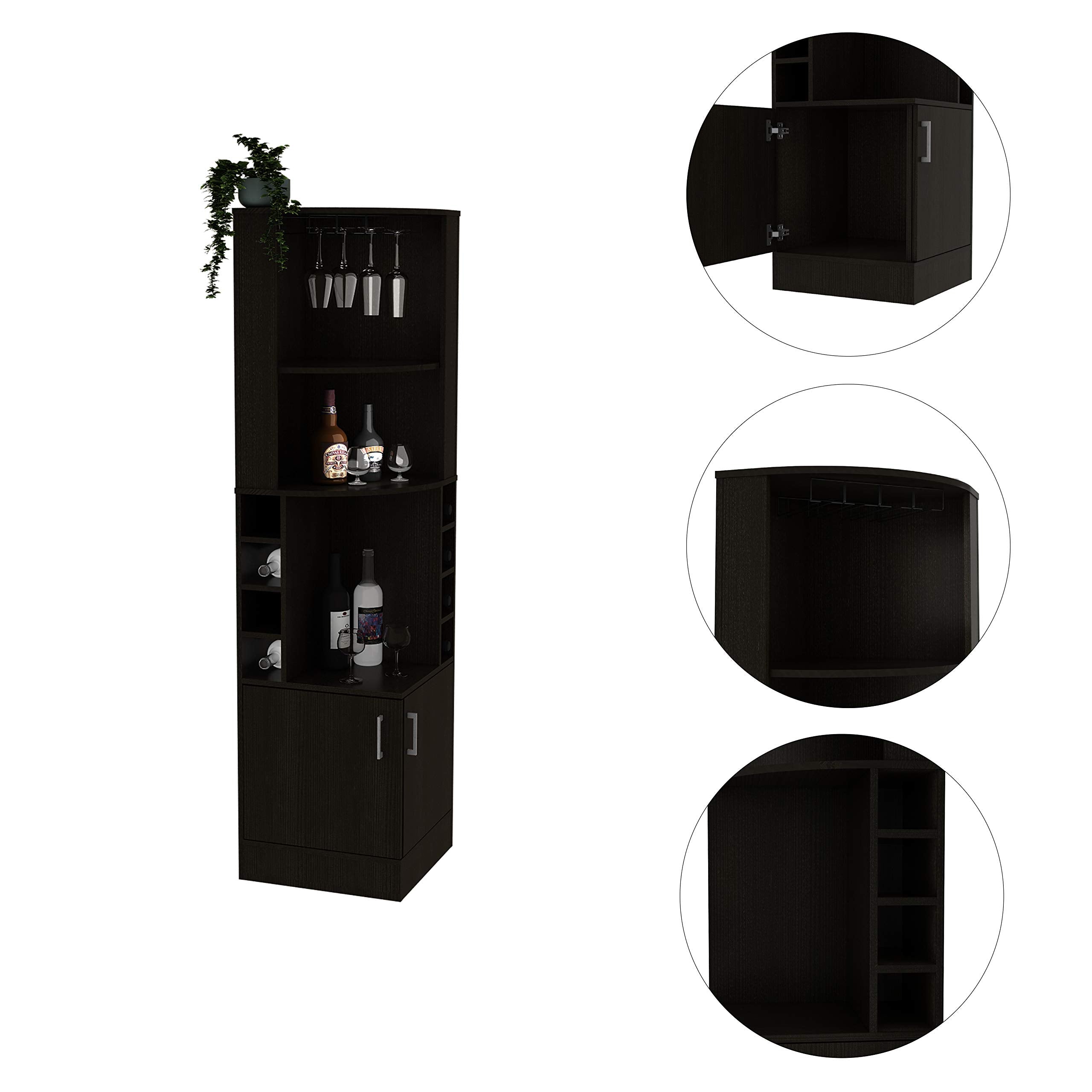 Egina Corner Bar Cabinet with Two Shelves at The Top, Glass Holder, 8 Exterior Bottle Racks, Central Shelf, Lower Drawer with 2 Side Doors, 71" H, Black, Living Room