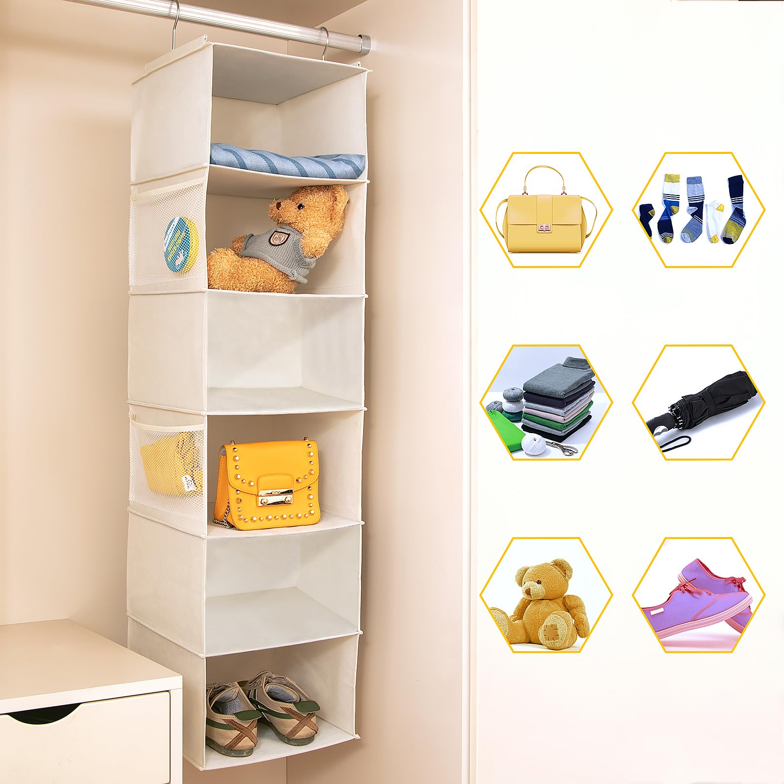 Brilliantjo 6 Shelves Hanging Closet Organizer, 2 Pack Hanging Storage With 4 Side Pockets For Clothes Shoes, 43.5''X12''X12''(B
