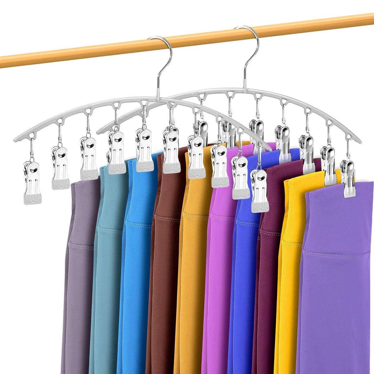 Legging Organizer for Closet, Metal Yoga Pants Hangers 2 Pack w/10 Clips Holds 20 Leggings, Space Saving, Clips Hanger for Pants