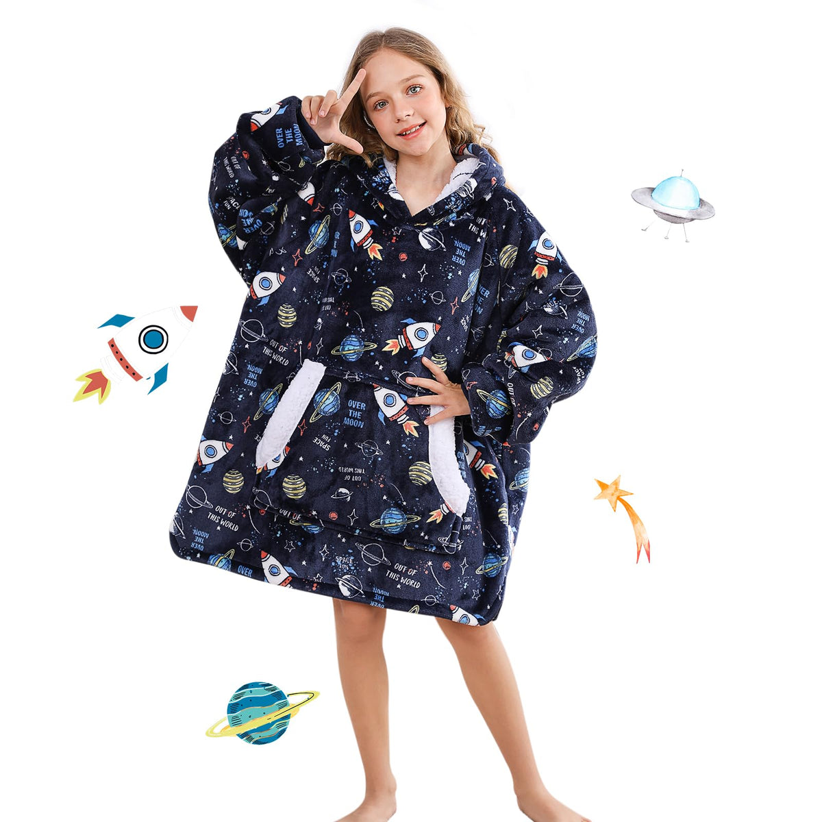 Uttermara Wearable Blanket Hoodie For Kids, Sherpa Oversized Blanket Hoodie With Sherpa Hood, Front Pocket And Sleeves, Cozy Sof