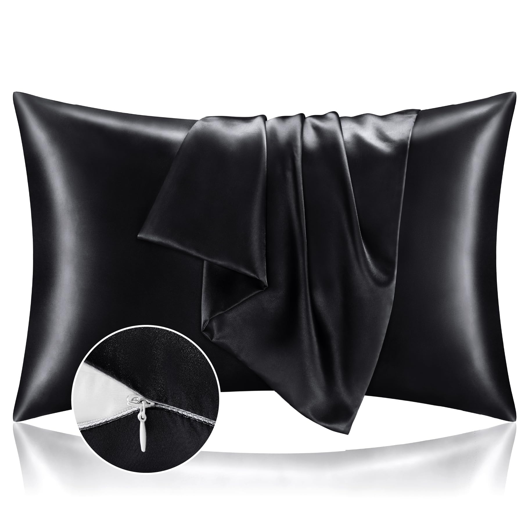 Bedelite Satin Pillowcase With Zipper, Black King Size Pillow Cases Set Of 2, Super Soft And Cooling Similar To Silk Pillow Case