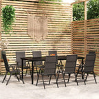 vidaXL 9-Piece Patio Dining Set - Black Steel Table with Glass Top & 8 Reclining PE Rattan Chairs - Outdoor Garden Furniture