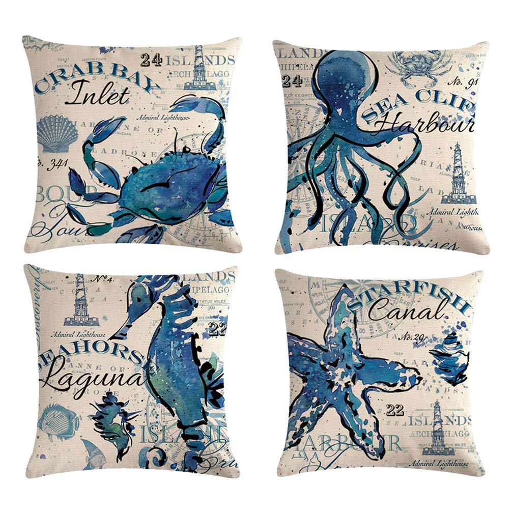 7Colorroom 4Pack Ocean Theme Throw Pillow Covers 1818 Sea Animals Pillowcases Cushion Covers Starfish-Seahorse-Octopus-Crab (Bea