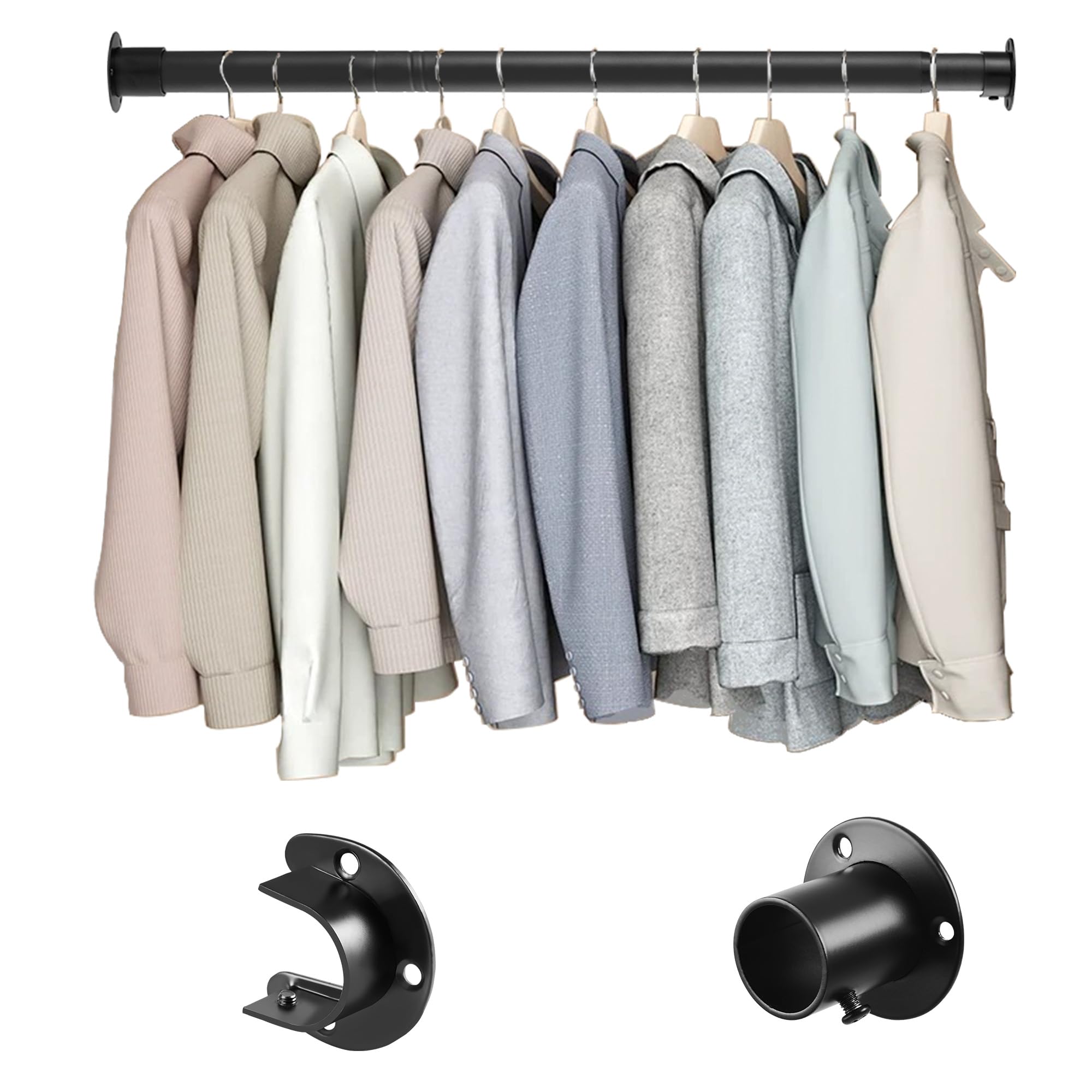 Closet Rod, 17 to 50 inches Adjustable Closet Rods for Hanging Clothes Heavy Duty Closet Hanging Rod Metal Black Rod for Closet,