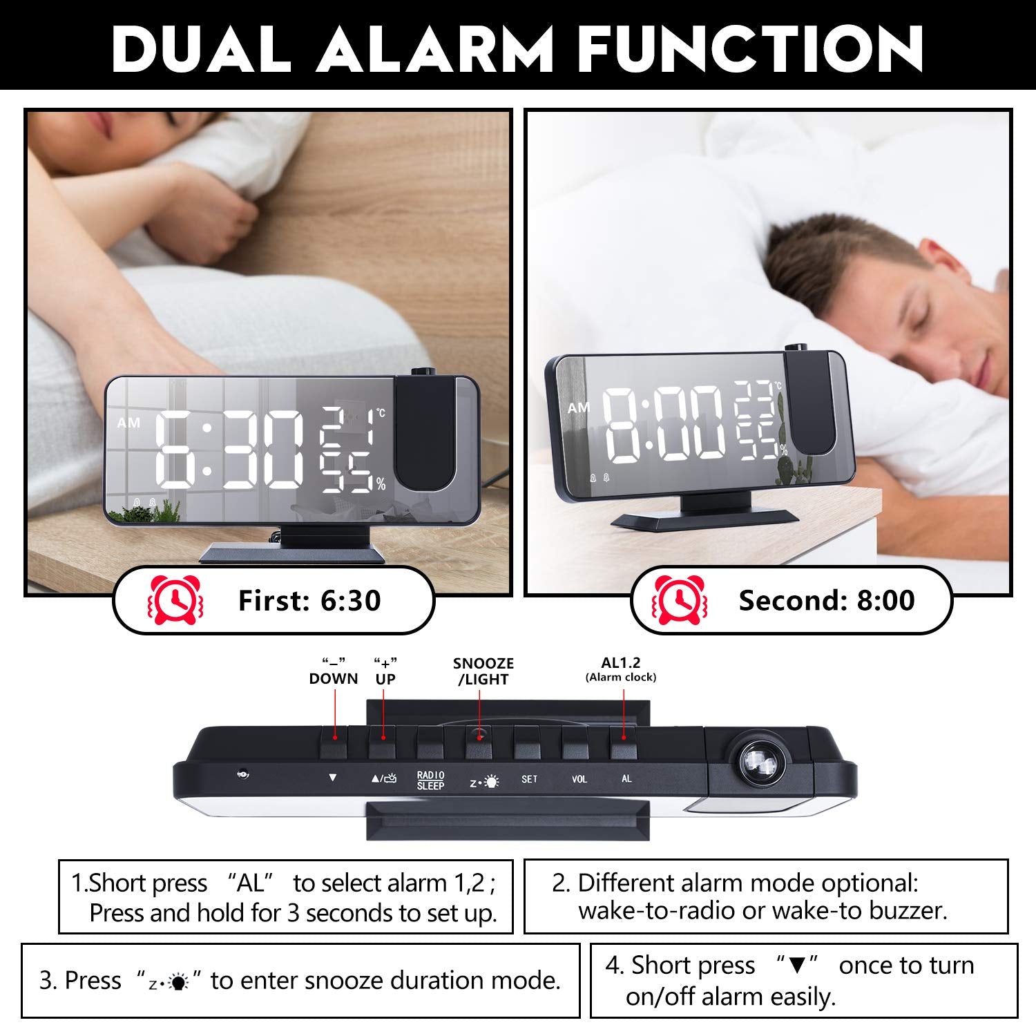 Evilto Projection Alarm Clock For Bedroom Ceiling Digital Radio With Usb Charger Ports, 7.3'' Large Led Screen, 4 Dimmer, Dual A