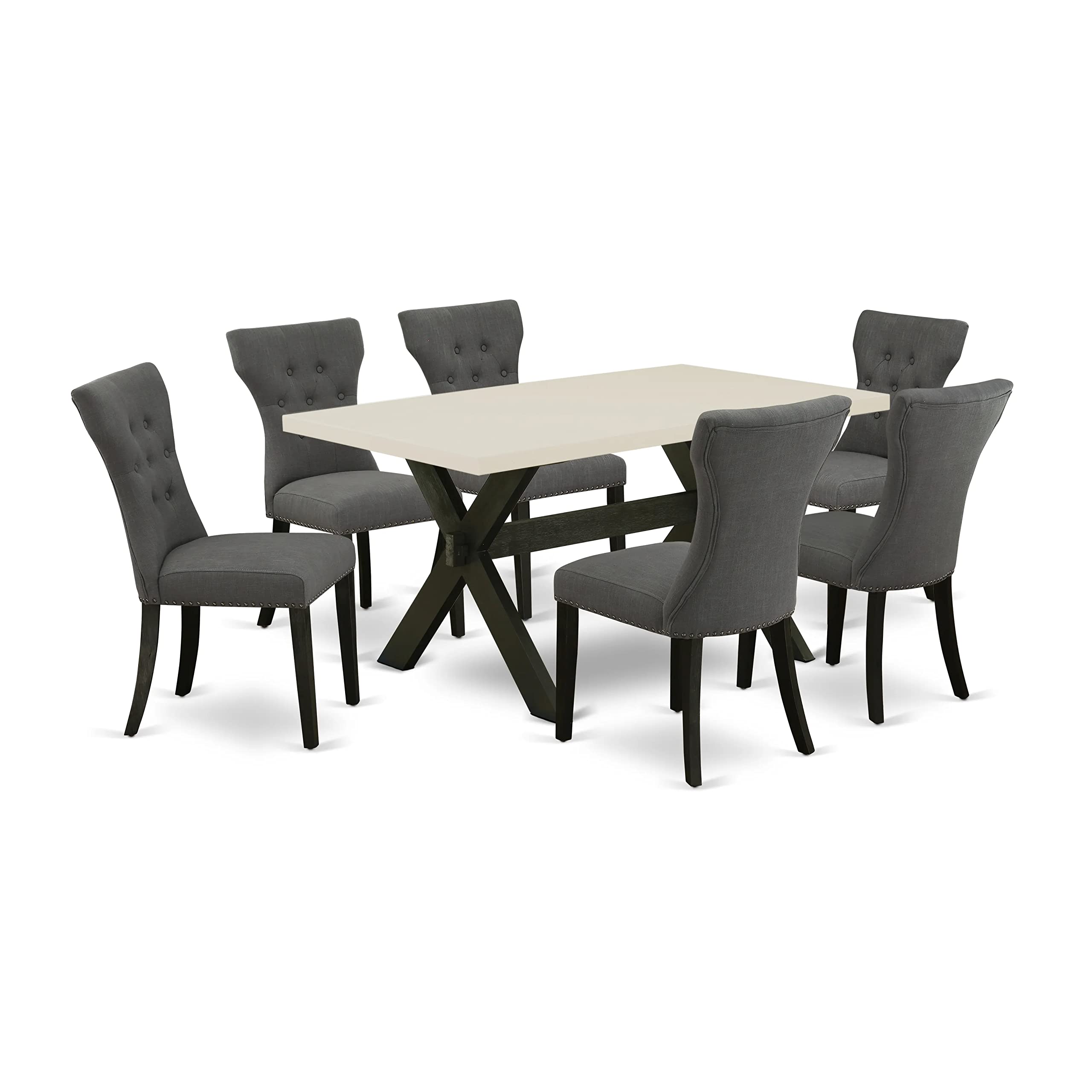 East West Furniture X-Style 7 Piece Modern Set Consist Of A Rectangle Wooden Table With X-Legs And 6 Dark Gotham Linen Fabric Parson Dining Chairs, 36X60 Inch, X626Ga650-7