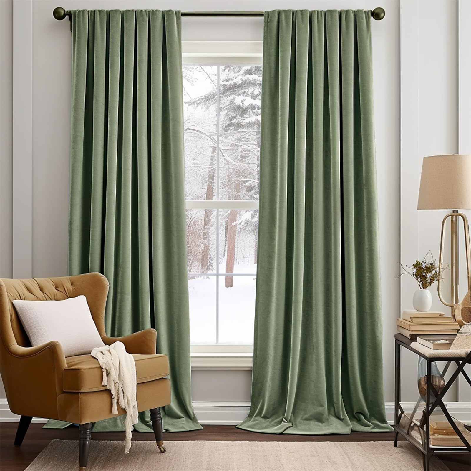 Jinchan Velvet Curtain For Living Room, Sage Thermal Insulated Luxury Drape For Bedroom 84 Inch Long, Stylish Design Super Soft