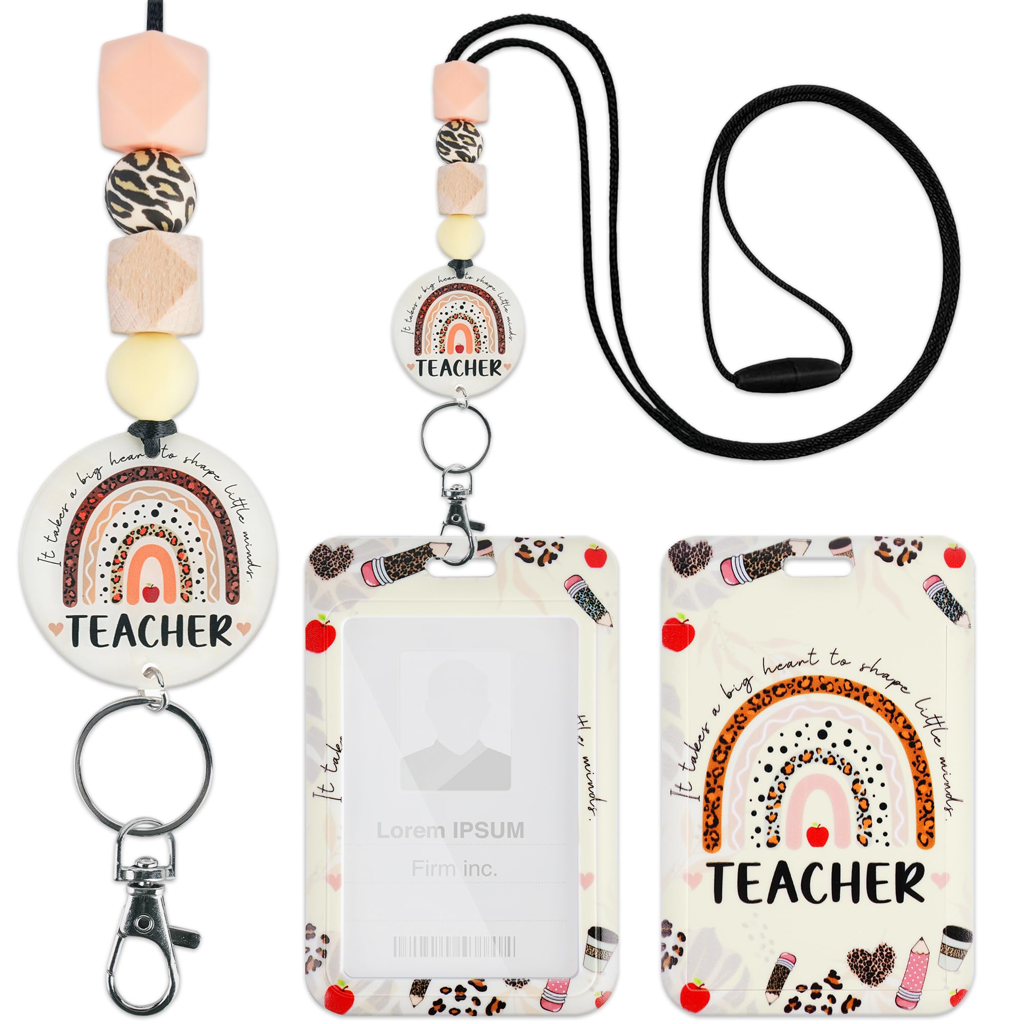 Teacher Lanyard With Id Holder, Leopard Print Rainbow Inspirational Quote Badge Holder With Beaded Adjustable Lanyard, Teacher A