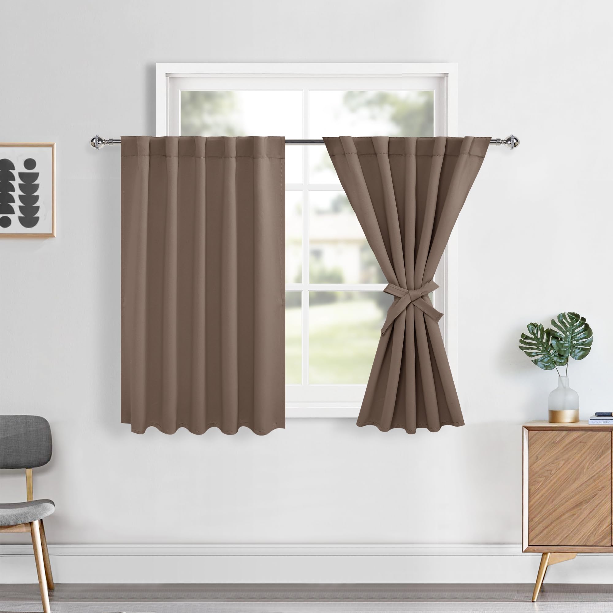 Hiasan Short Mocha Blackout Curtains 36 inch Long, Bathroom Small Window Curtains Rod Pocket & Back Tab Thermal Insulated Drapes