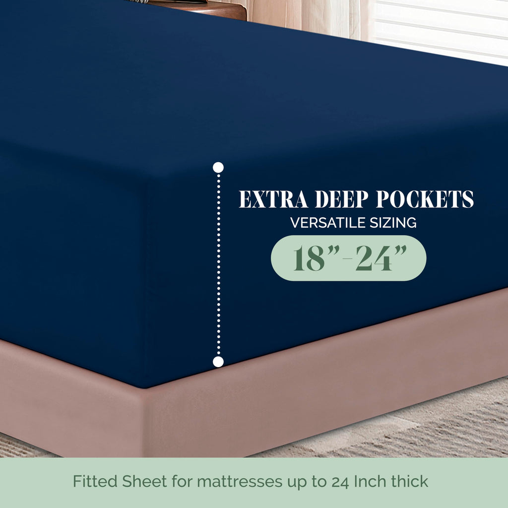 Elegant Comfort 1500 Premium Hotel Quality 18-24 Inches Deep - Extra Deep Pocket Single Fitted Sheet For High Mattress, Luxury And Softest, Smart Pocket - Wrinkle Free, Queen, Navy Blue