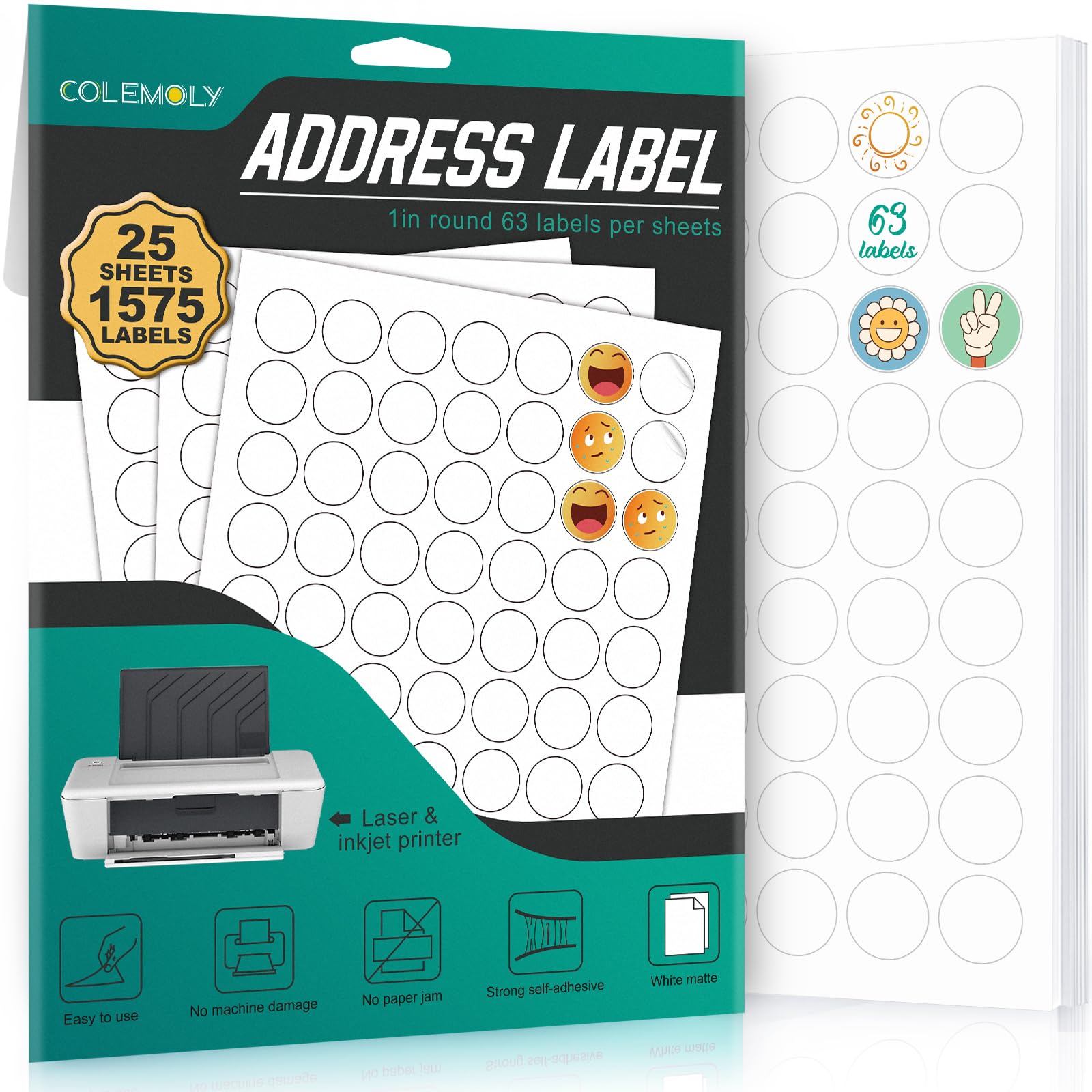 Colemoly Sticker Labels 1' Round 63-Up For Laser & Inkjet Printers-25 Sheets Totaling 1575 Blank Address Labels Matte White Sti