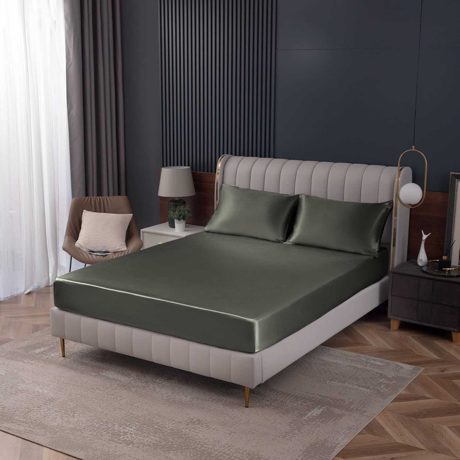Homiest Dark Grey Satin Fitted Sheet King Size Fitted Bed Sheet, Deep Pocket Fitted Sheet Only, Luxury & Ultra Soft Bedding Fitted Sheet Single Bottom Bed Sheets Sold Separately