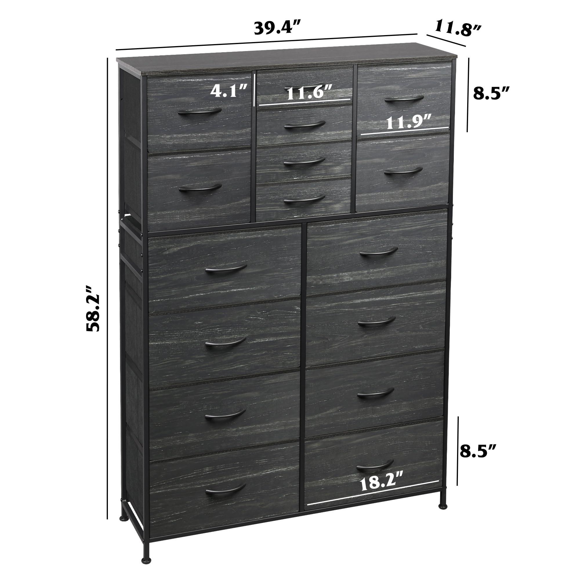 Wlive 16 Drawers Dresser, Tall Dresser For Bedroom, Closet, Hallway, Storage Dresser Organizer Unit, Large Dressers & Chests Of Drawers With Fabric Bins, Charcoal Black Wood Grain Print