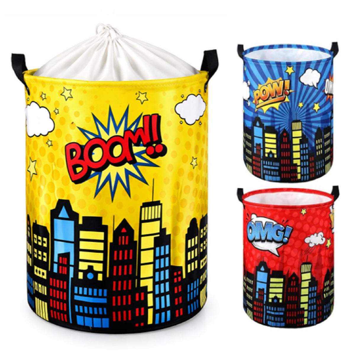 Maxdot 3 Pcs Large Hero Laundry Basket for Kids City Skyline Nursery Hamper
