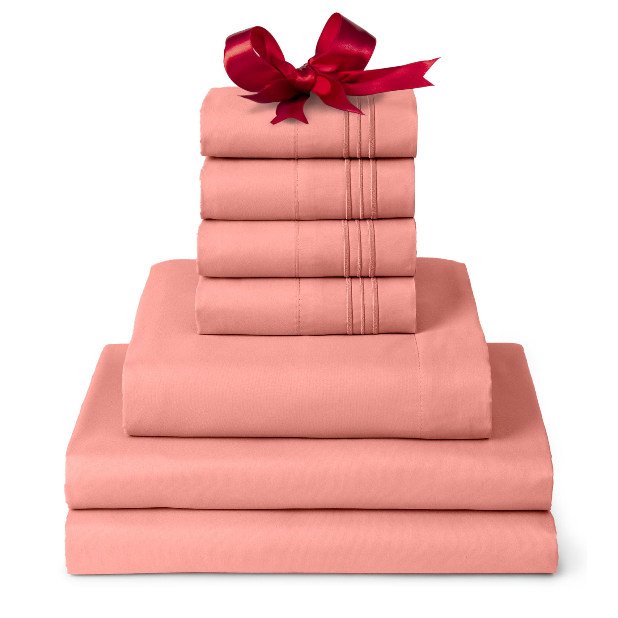 Mellanni Split King Sheet Set - 7-Piece Iconic Collection Bedding, (Including 4 Pillowcases), 16-Inch Deep Pocket, Easy Care, Extra Soft, Cooling Sheets, Brushed Microfiber - Coral
