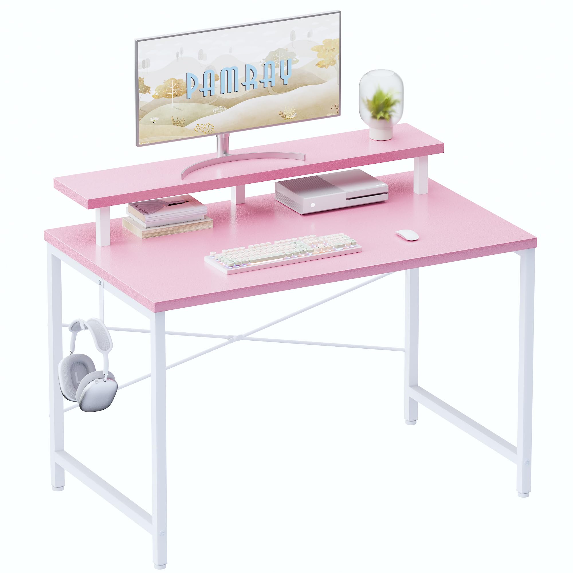 Pamray 32 Inch Small Computer Desk with Monitor Stand, Simple Office Desk with Headphone Hook for Small Spaces, Kids Study Writi