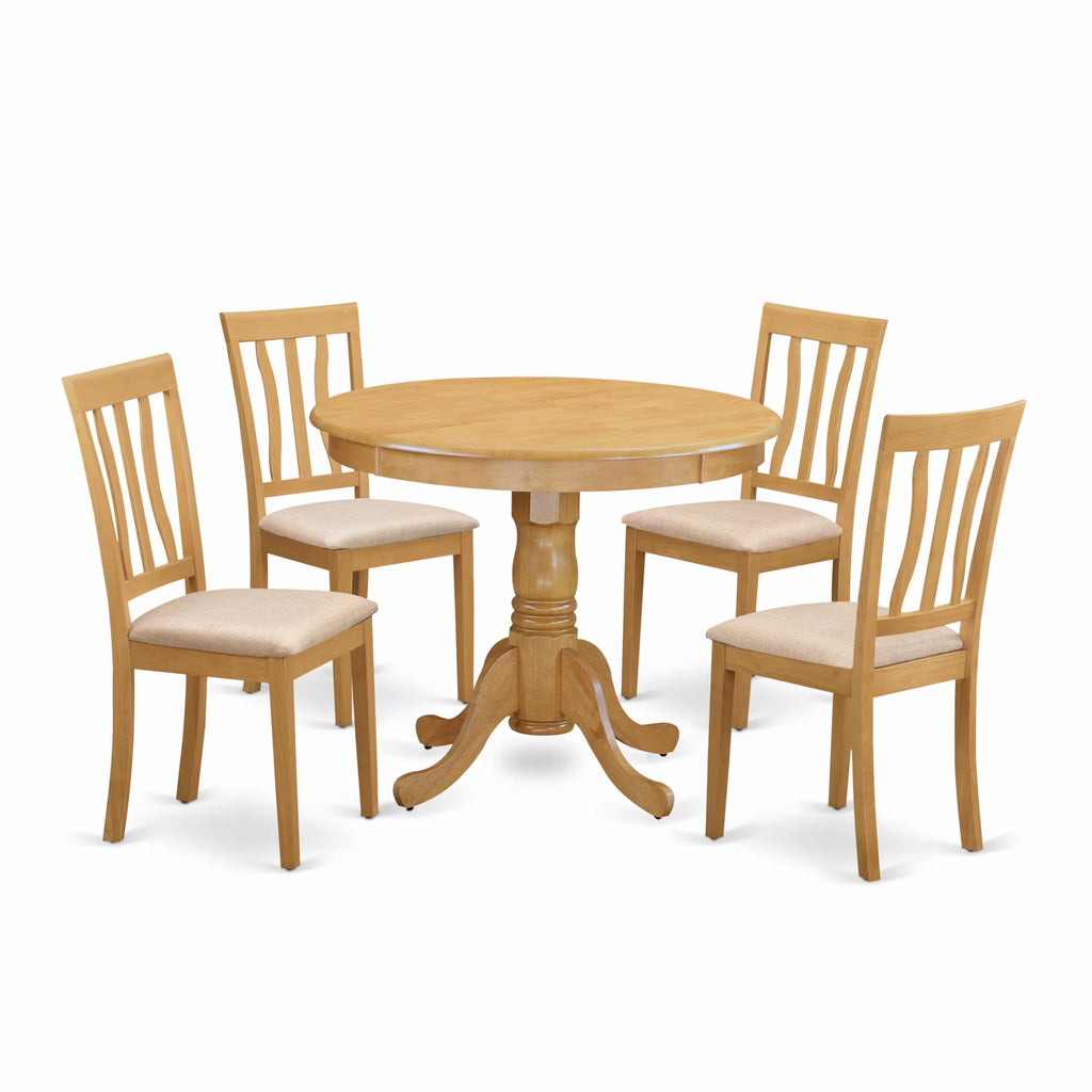 East West Furniture ANTI5-OAK-C 5 Piece Dining Room Table Set Includes a Round Wooden Table with Pedestal and 4 Linen Fabric Kitchen Dining Chairs, 36x36 Inch, Oak