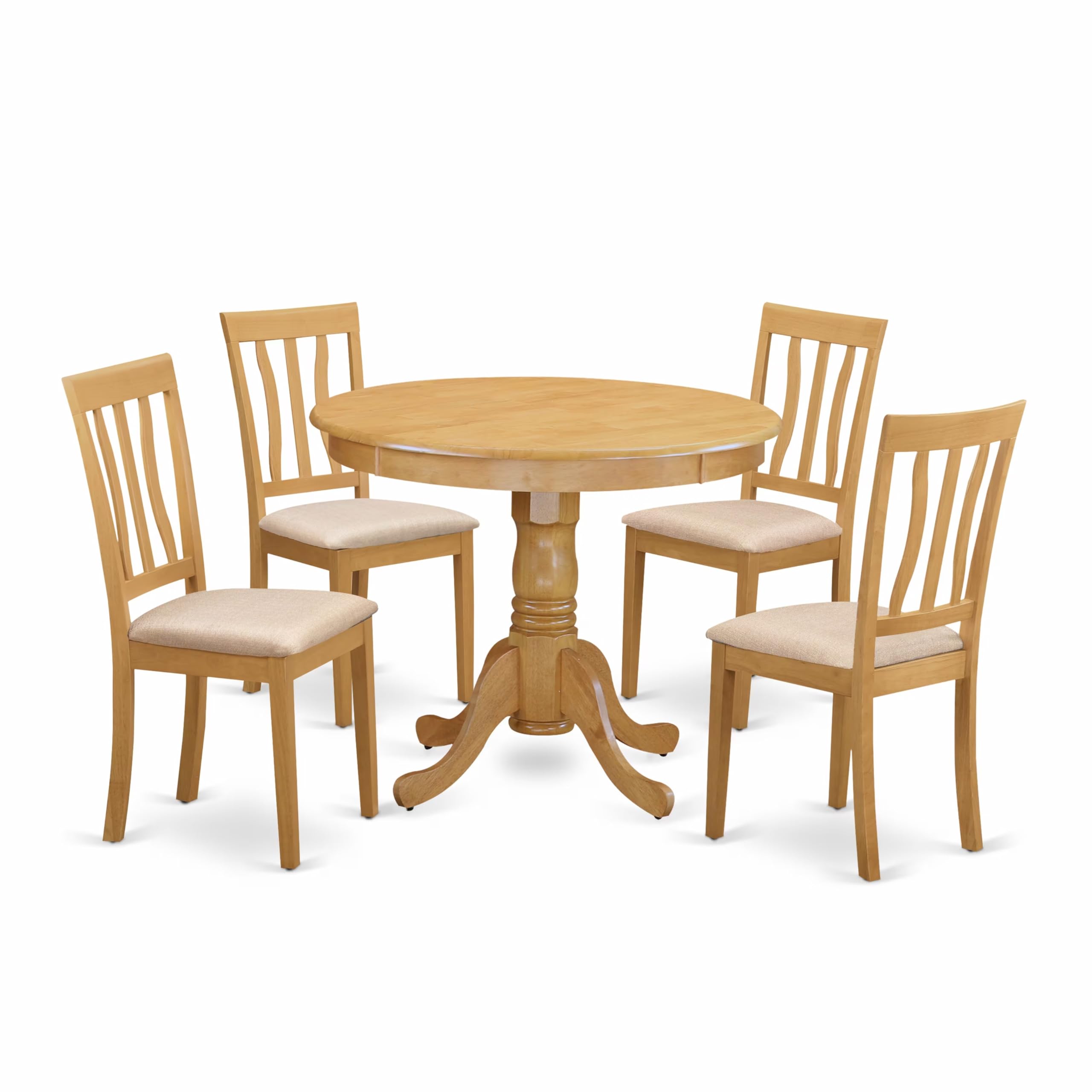 East West Furniture ANTI5-OAK-C 5 Piece Dining Room Table Set Includes a Round Wooden Table with Pedestal and 4 Linen Fabric Kitchen Dining Chairs, 36x36 Inch, Oak