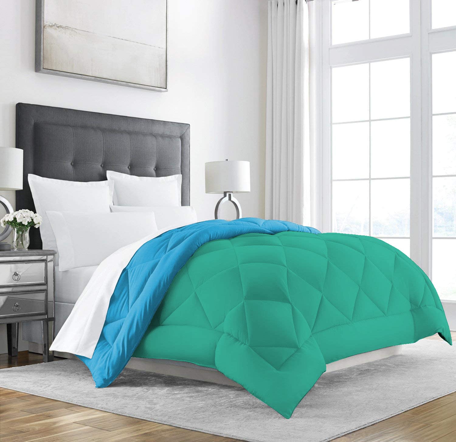 Jaipur Linen All Season Microfiber Reversable Duvet/Ac Comforter/Quilt  Sky Blue Aqua  Single Size 60 Inch X 90 Inch