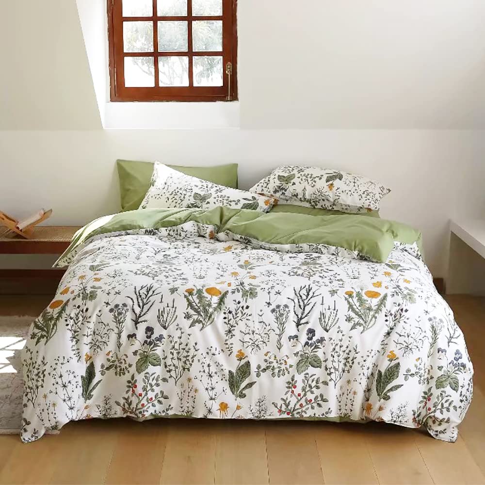 Karever Botanical Comforter Set Full White And Sage Green Floral Plant Bedding Set Garden Pattern Printed On White Reversible Bl