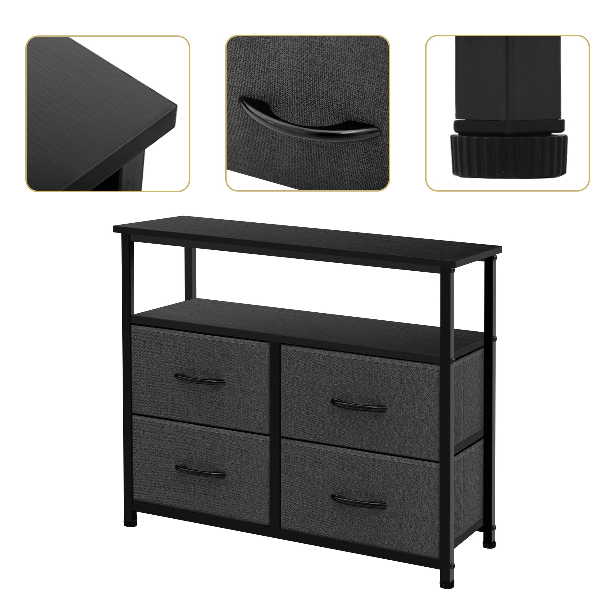 Azl1 Life Concept Dresser With Shelves-Storage Chest For Bedroom, Living Room, Hallway, Closet Organizer With Sturdy Steel Frame, Wooden, Removable Fabric, 4-Drawers With Shelf, Dark Grey