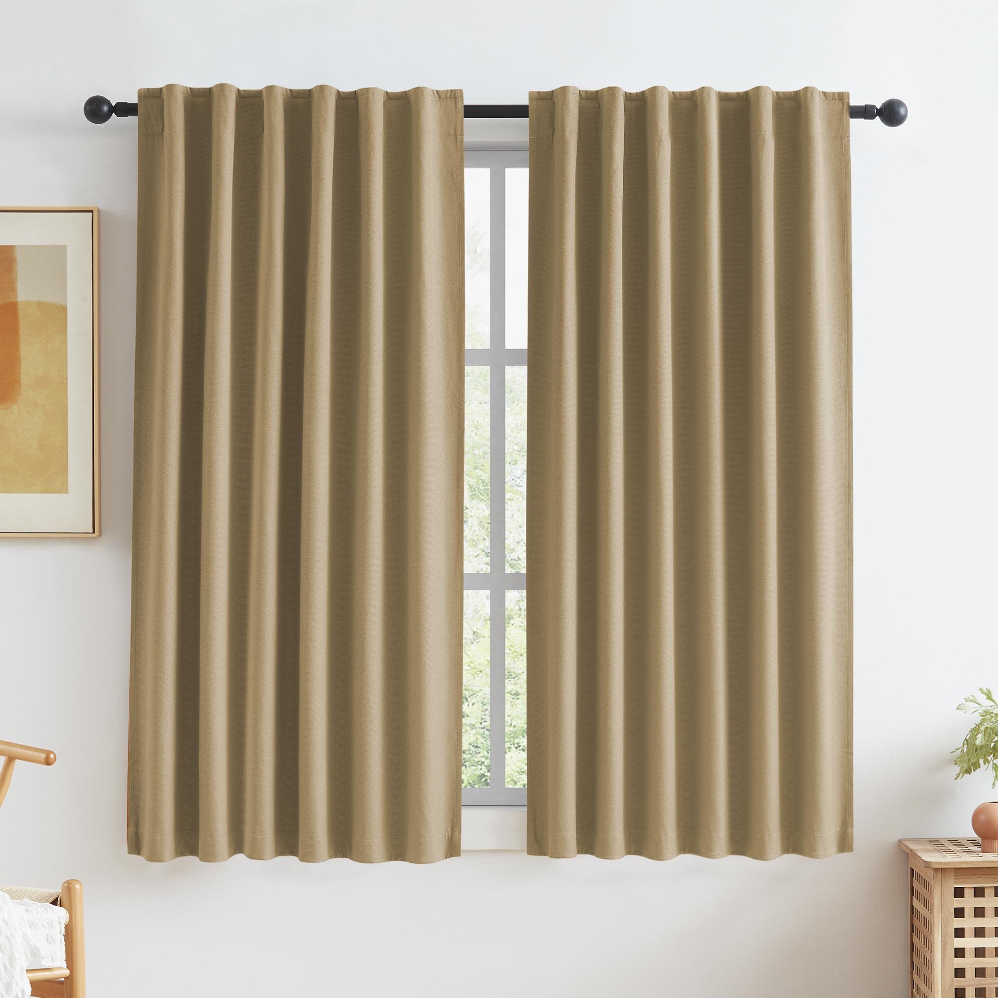 KEQIAOSUOCAI Burlap Linen Blackout Curtains 63 Inches Long, Back Tab Rod Pocket Hook Belt Natural Farmhouse Rustic Curtain Panel