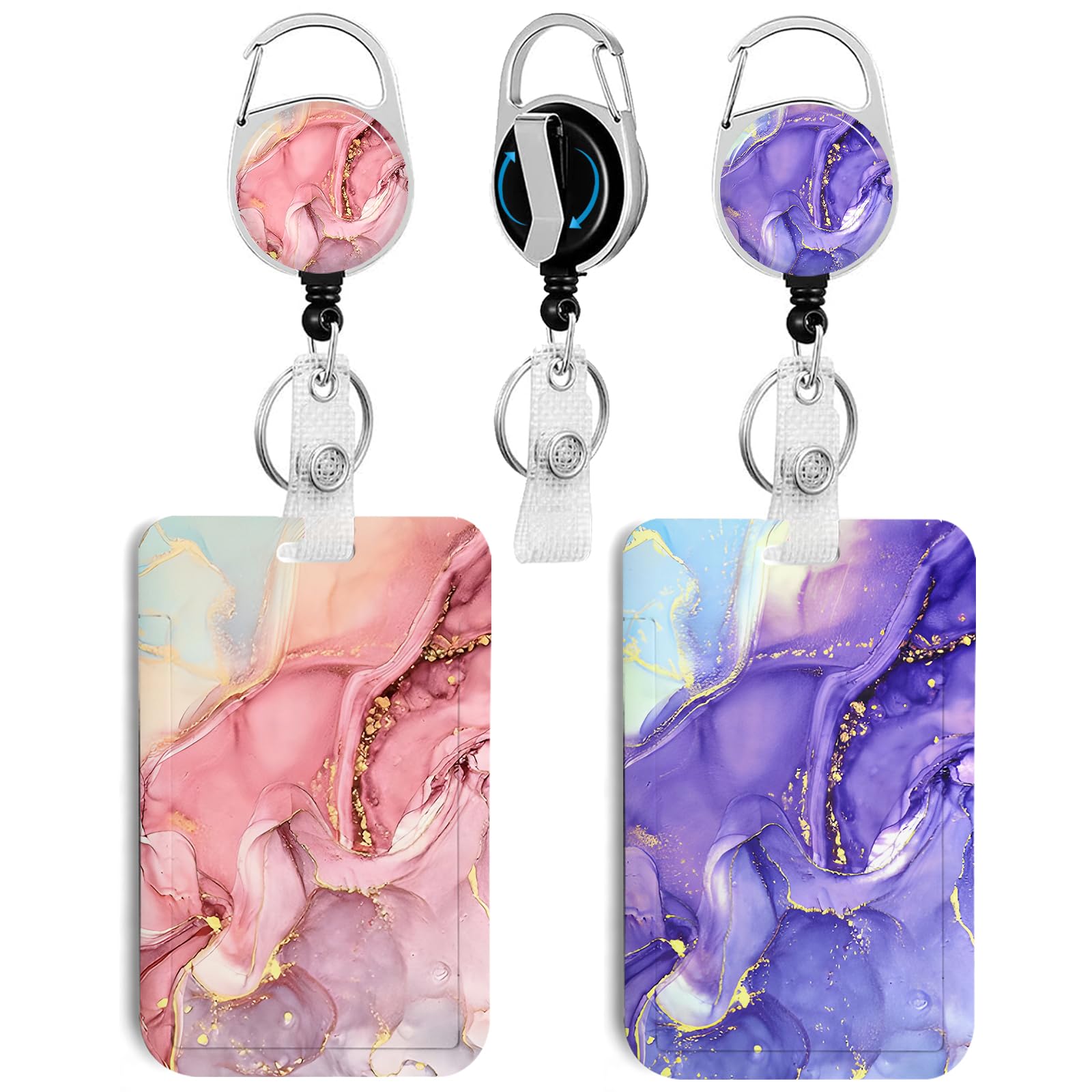 2 Pack Purple&Pink Marble Id Badge Holder With Clip Badge Reels Retractable Heavy Duty,Keychain,Id Holder For School Nurse Offic