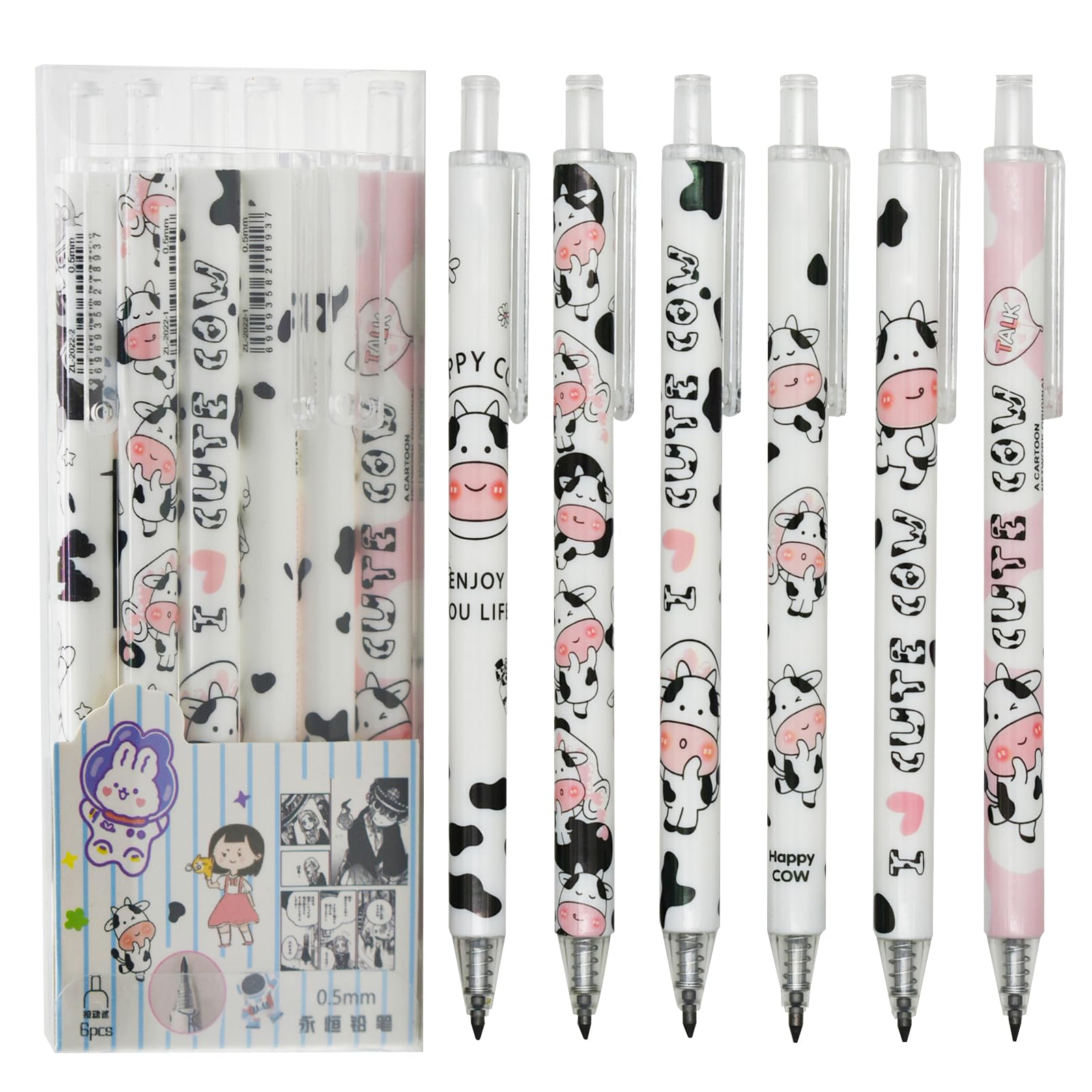 Maydahui 12 Pcs Cartoon Milk Cow Eternal Pencils Retractable Hb 0.5 Mm Cow Print Everlasting Pencils Magic Inkless Pencil For St