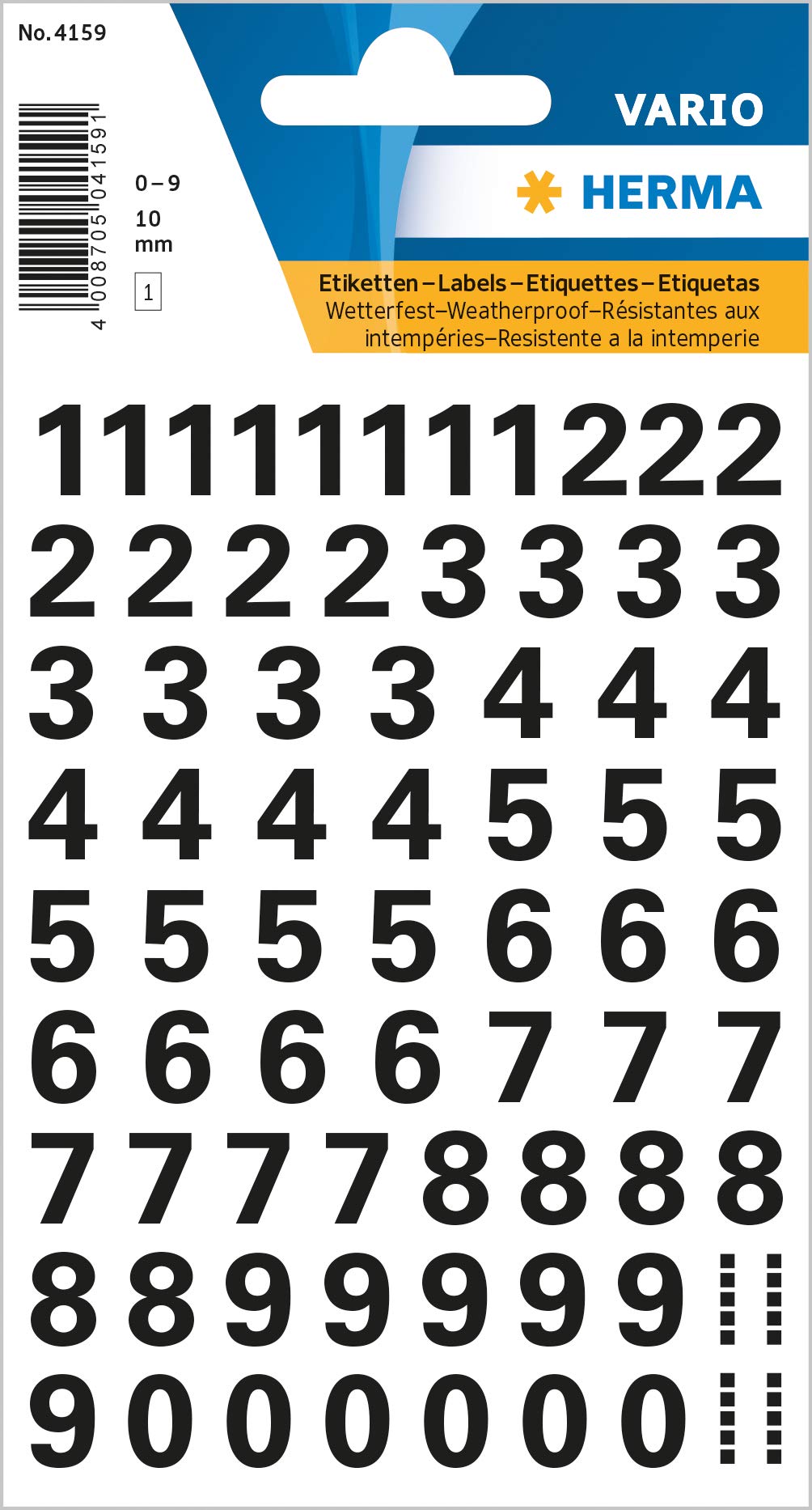 Herma 4159 Number Stickers 0-9, Weatherproof (Font Size 10 Mm, 1 Sheet, Film) Self-Adhesive, Permanent Adhesive Number Stickers,