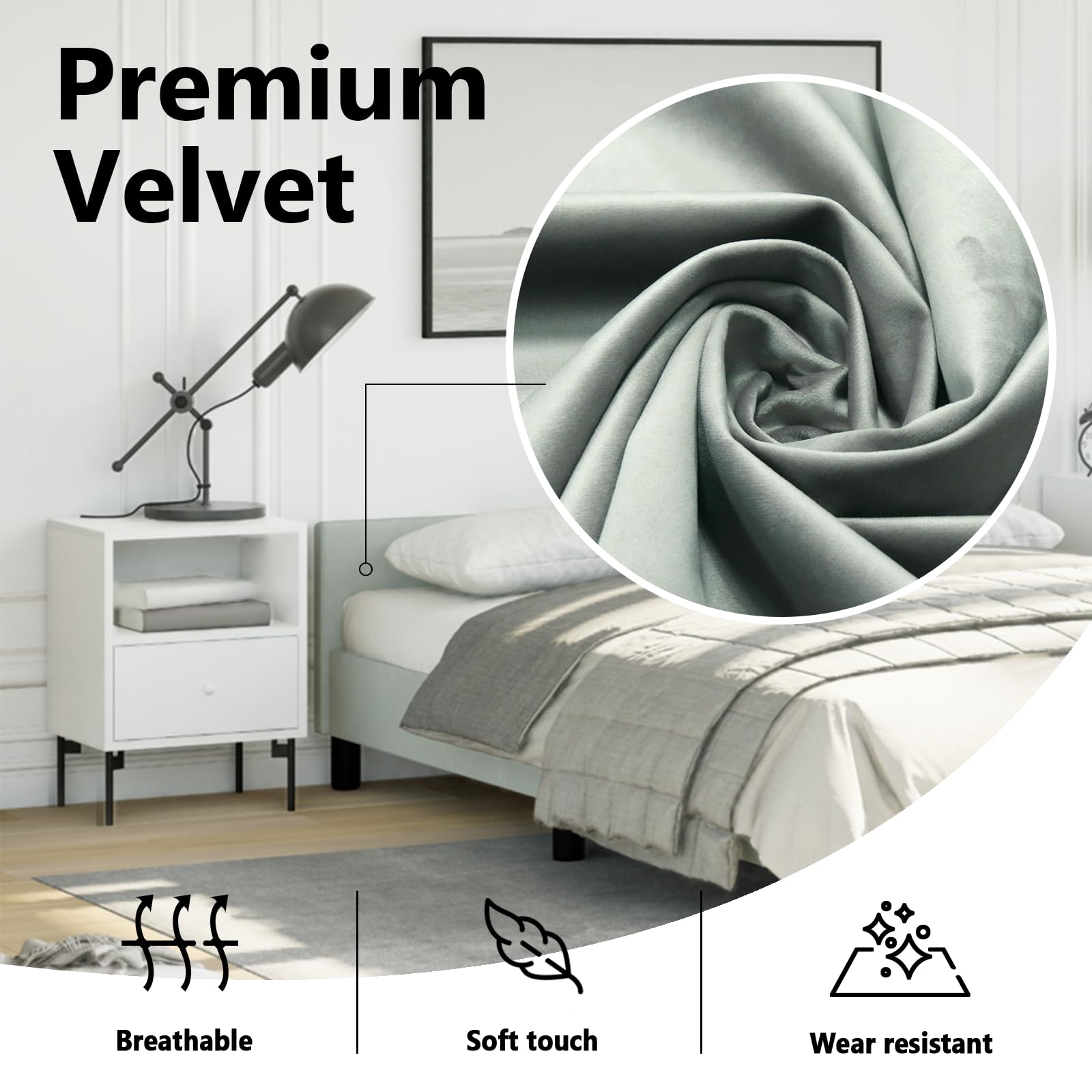 vidaXL Velvet Bed Frame Platform Bed, Scandinavian Style/Slats Support/No Box Spring Needed/Without Mattress/Easy Assembly, Light Grey Full Bed