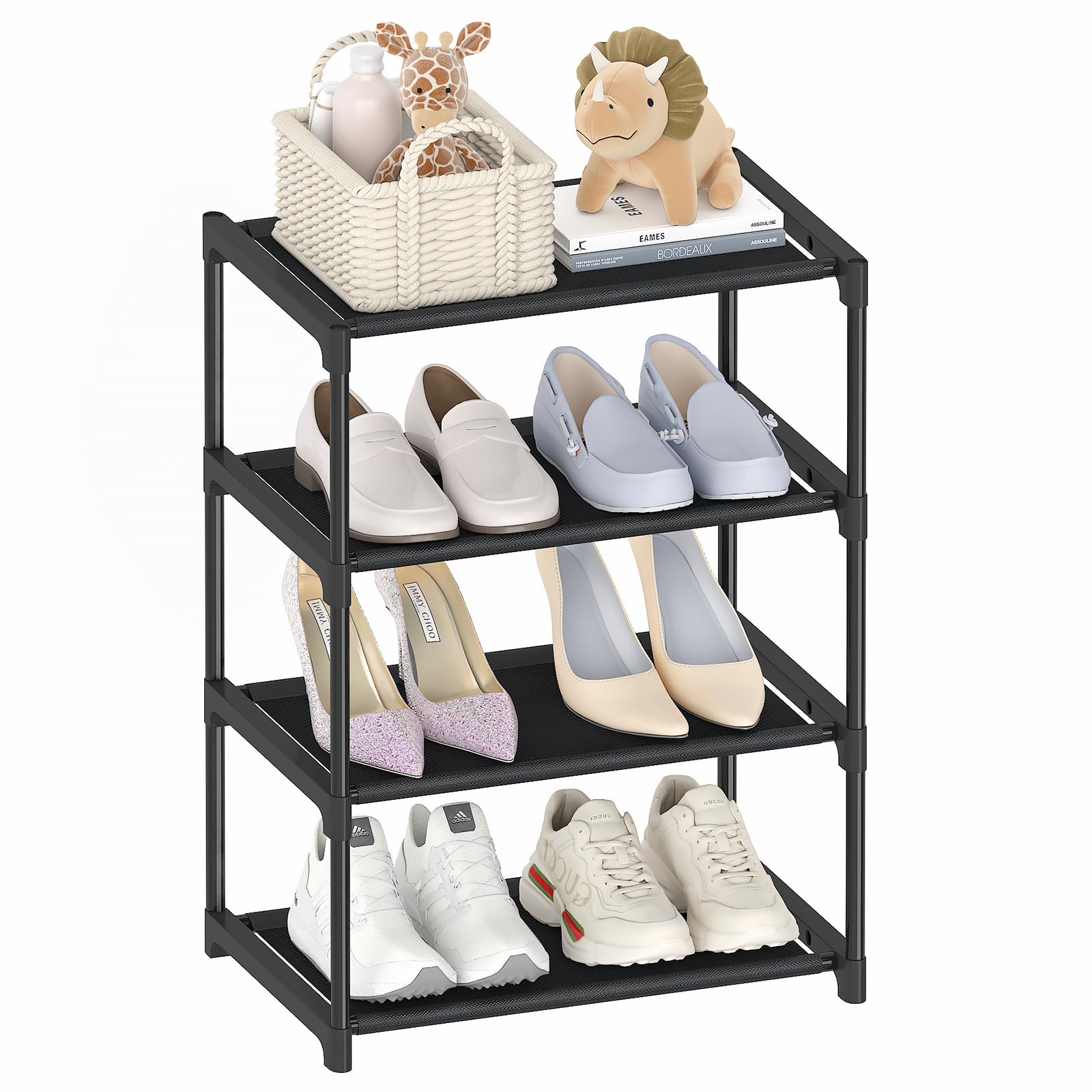 Autonomier 4 Tier Small Shoe Rack, Narrow Stackable Kids Toddler Adult Shoe Storage Organizer Shelf For Closet Floor Entryway Be