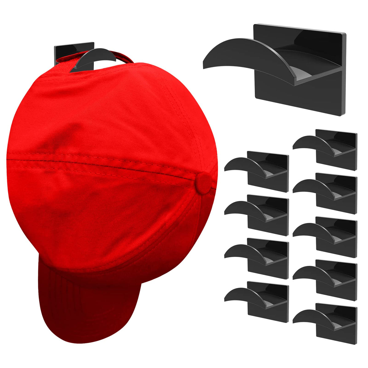 KOVSPO 10 PCS Adhesive Hat Hooks for Wall, Strong Hold Hat Hangers, Minimalist Hat Rack Design, No Drilling, Hat Hooks for Baseb