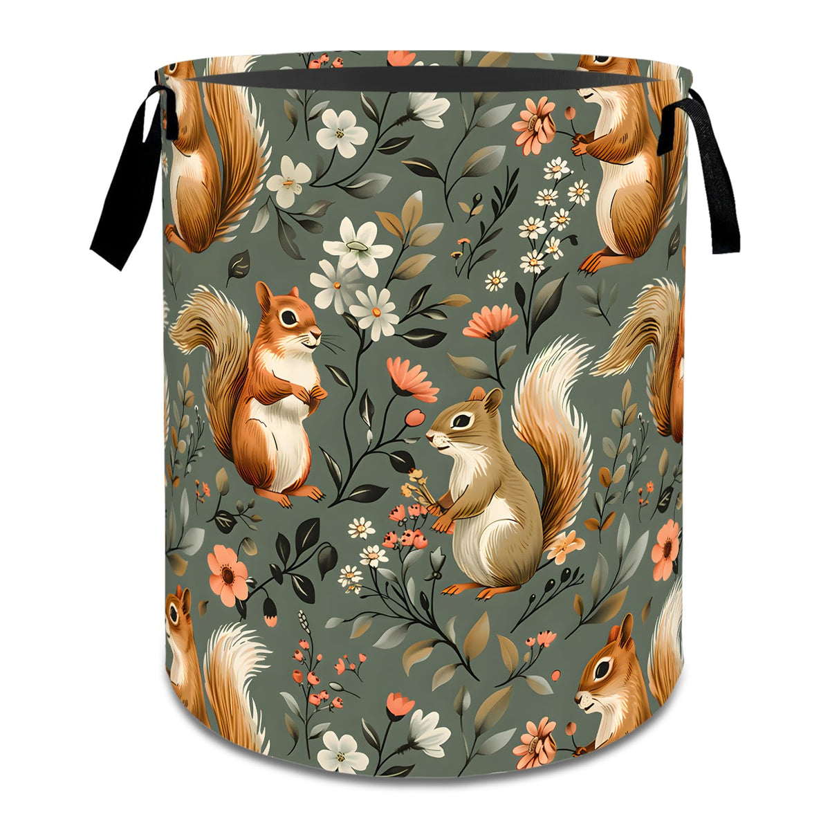 MIEPOS Retro Squirrel Floral Laundry Basket,Dirty Clothes Hamper,Animal and Flower Storage Bin,Nature Lovers Gifts,Waterproof Ox