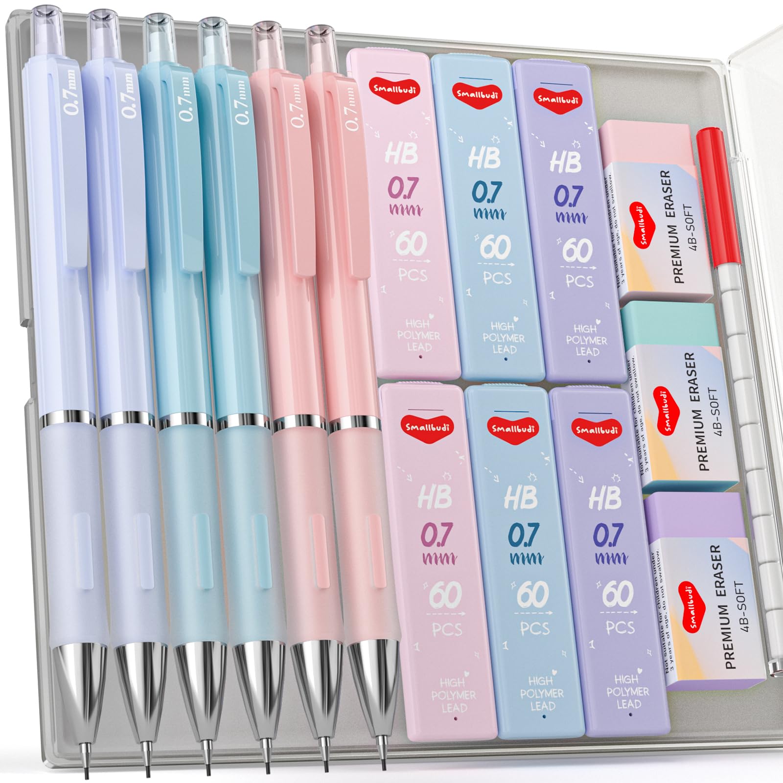 Smallbudi 6Pcs 0.7Mm Mechanical Pencils Set Pastel Mechanical Pencils With 360Pcs Hb Lead Refills, 3 Erasers, Aesthetic Back To