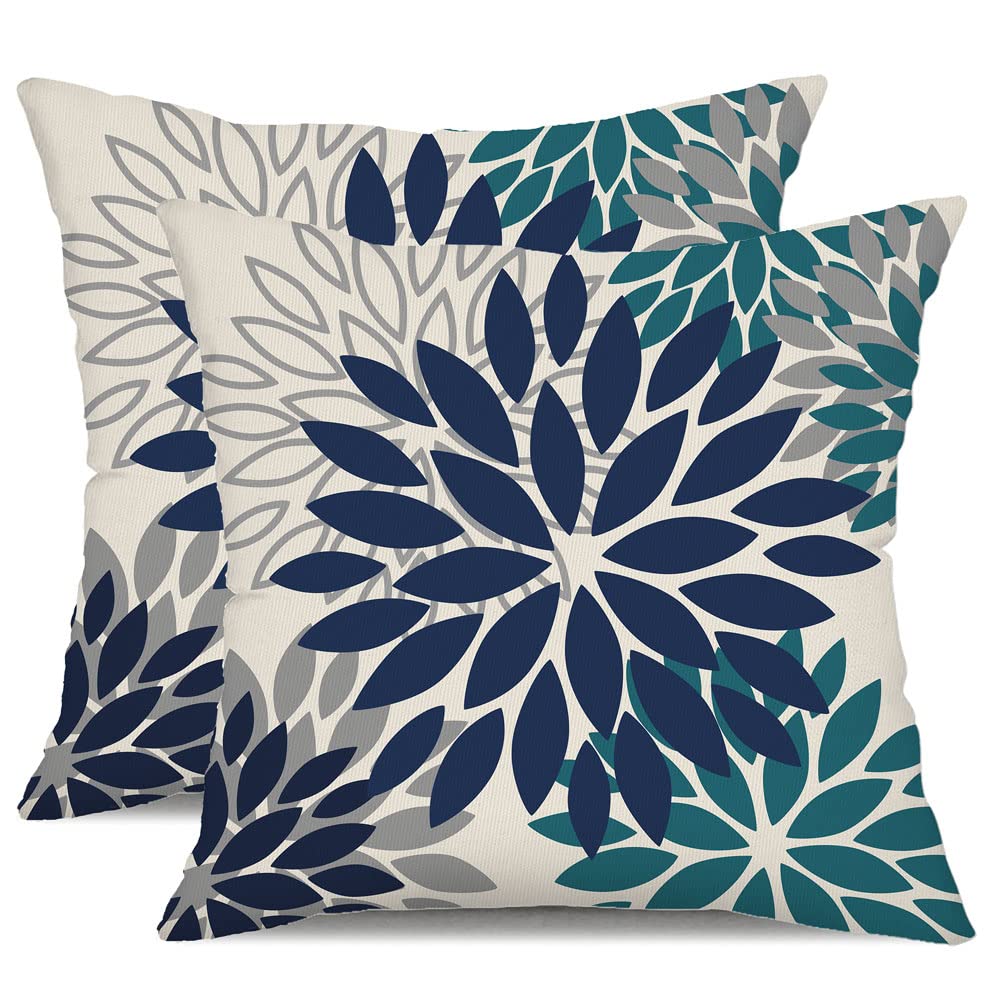 Dfxsz Navy Blue Flower Pillow Covers 18X18 Inch Set Of 2 Outdoor Throw Pillows Outdoor Waterproof Decor For Living Room Sofa Pat