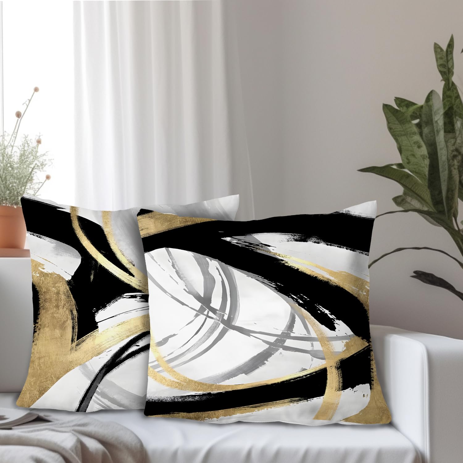 Supwhd Black White And Gold Pillow Covers, Abstract Black And Gold Pillow Covers 16X16 Set Of 2, Modern Boho Home Decor, Black A