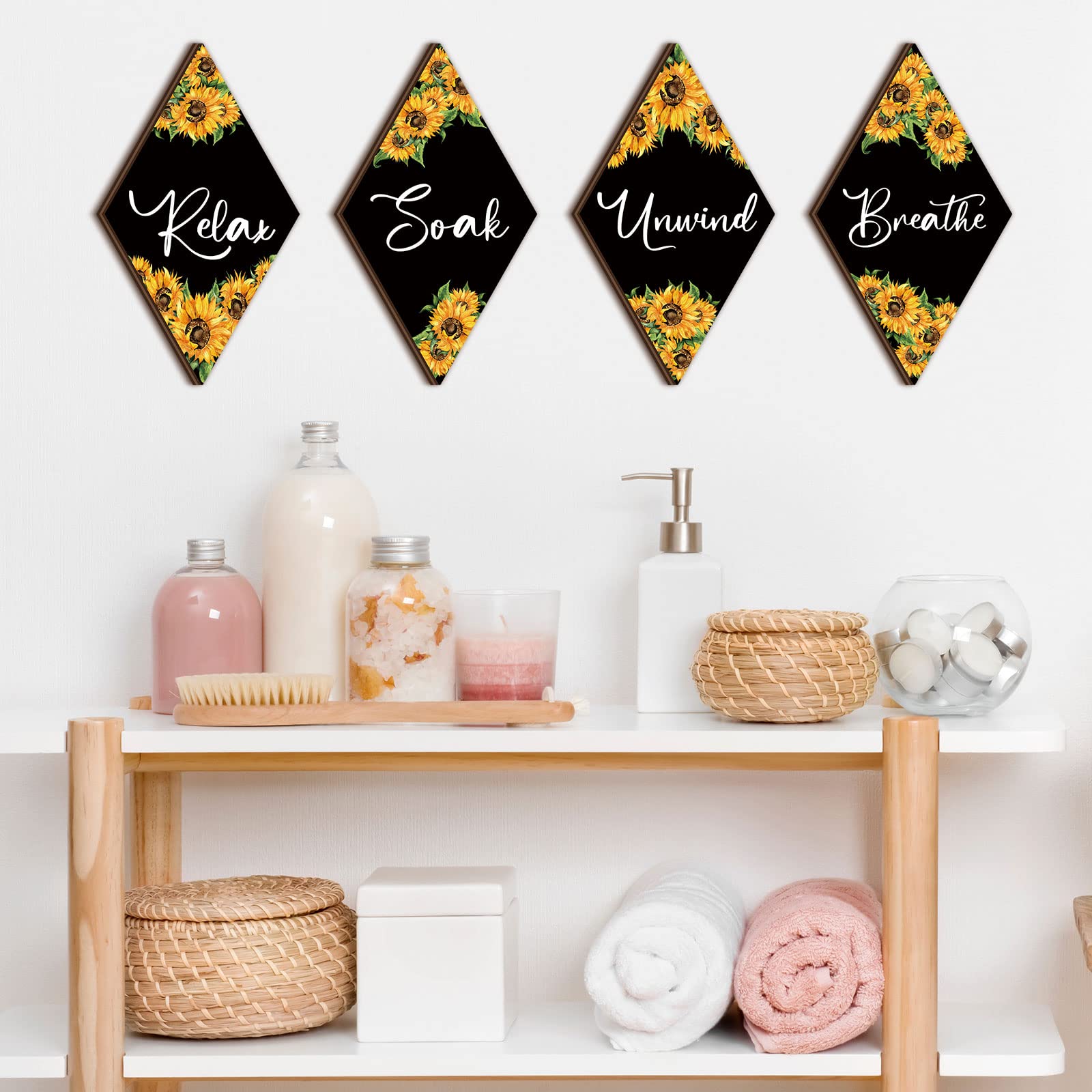 Qunclay Sunflower Bathroom Wall Decor - Rustic Signs for Home, Kitchen, Laundry, Spa - Black, Yellow, White - Model WV-Qunclay-5203