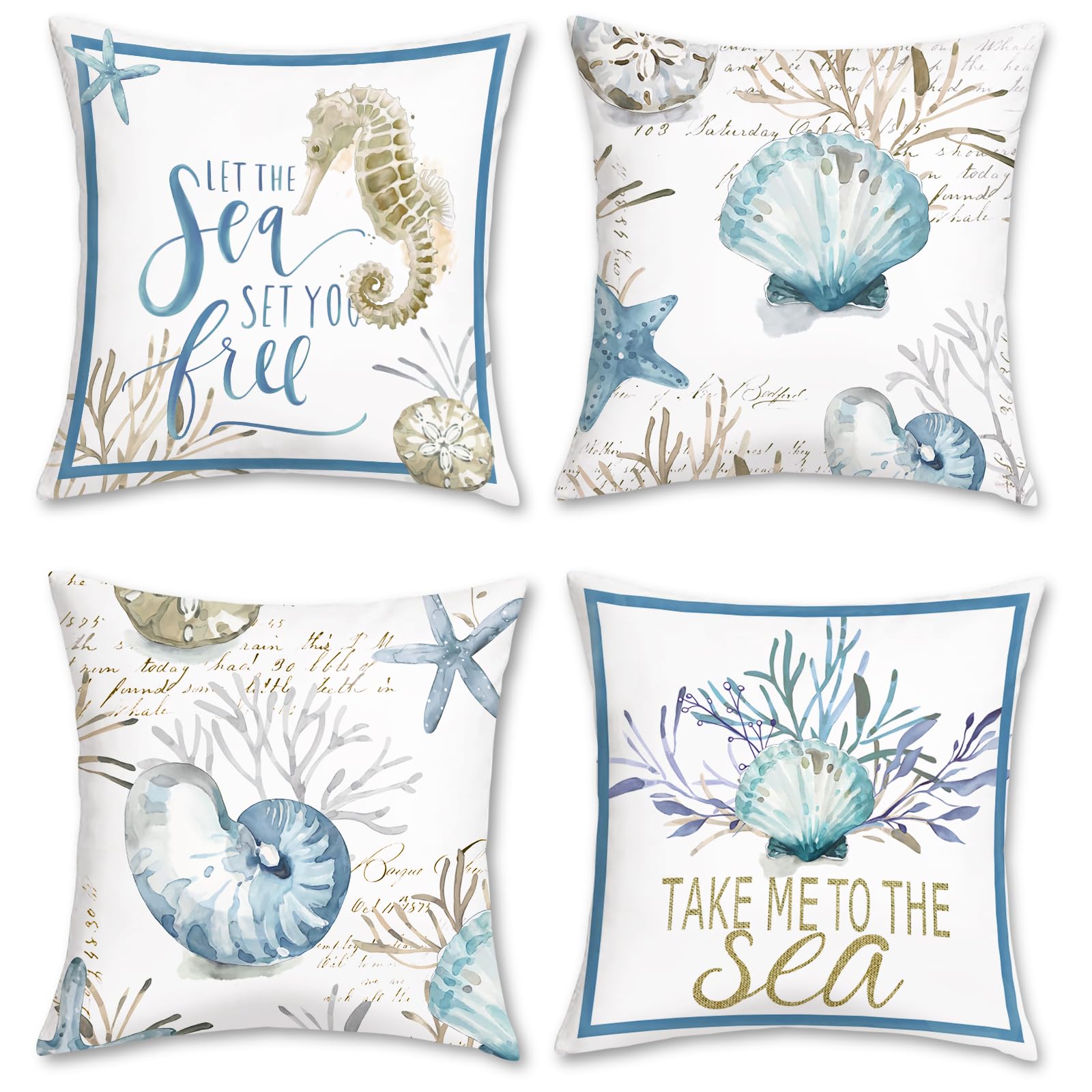 Bonhause Nautical Coastal Throw Pillow Covers 18X18 Set Of 4 Ocean Themed Beach Seashell Coral Starfish Pillows Case Soft Velvet