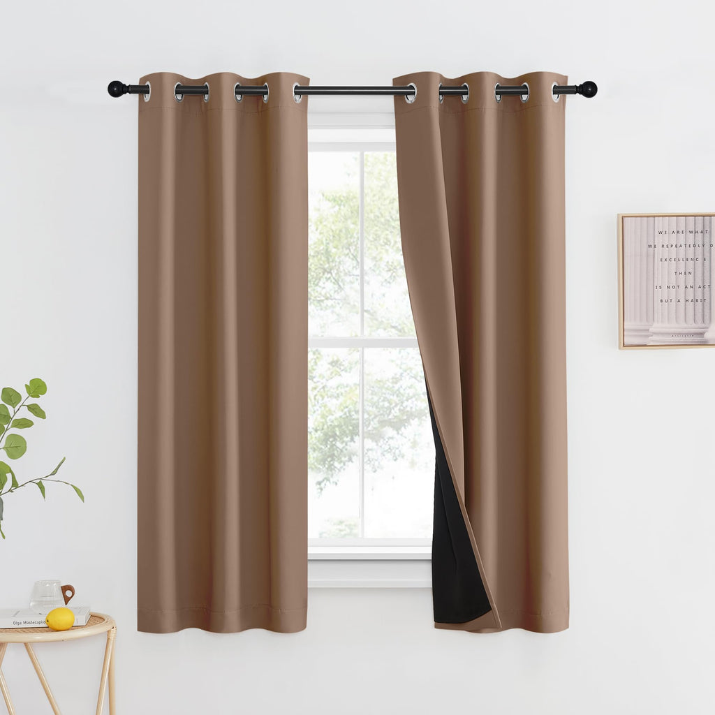 Nicetown 100% Blackout Curtains Thermal, Noise Reduction And Privacy Curtains For Patio Door, Black Lined Blackout Drapes With Grommet Top, Cappuccino, 1 Pair, W37 X L60