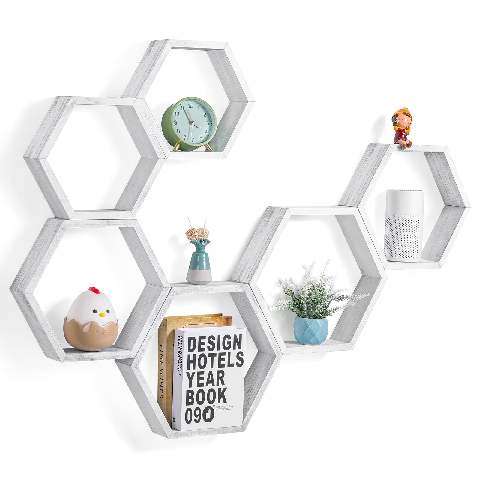 YBING Hexagon Floating Shelves Wall Mounted Set of 6 Honeycomb Shelves Wood Hexagonal Storage Hanging Shelves Farmhouse Wall Dec