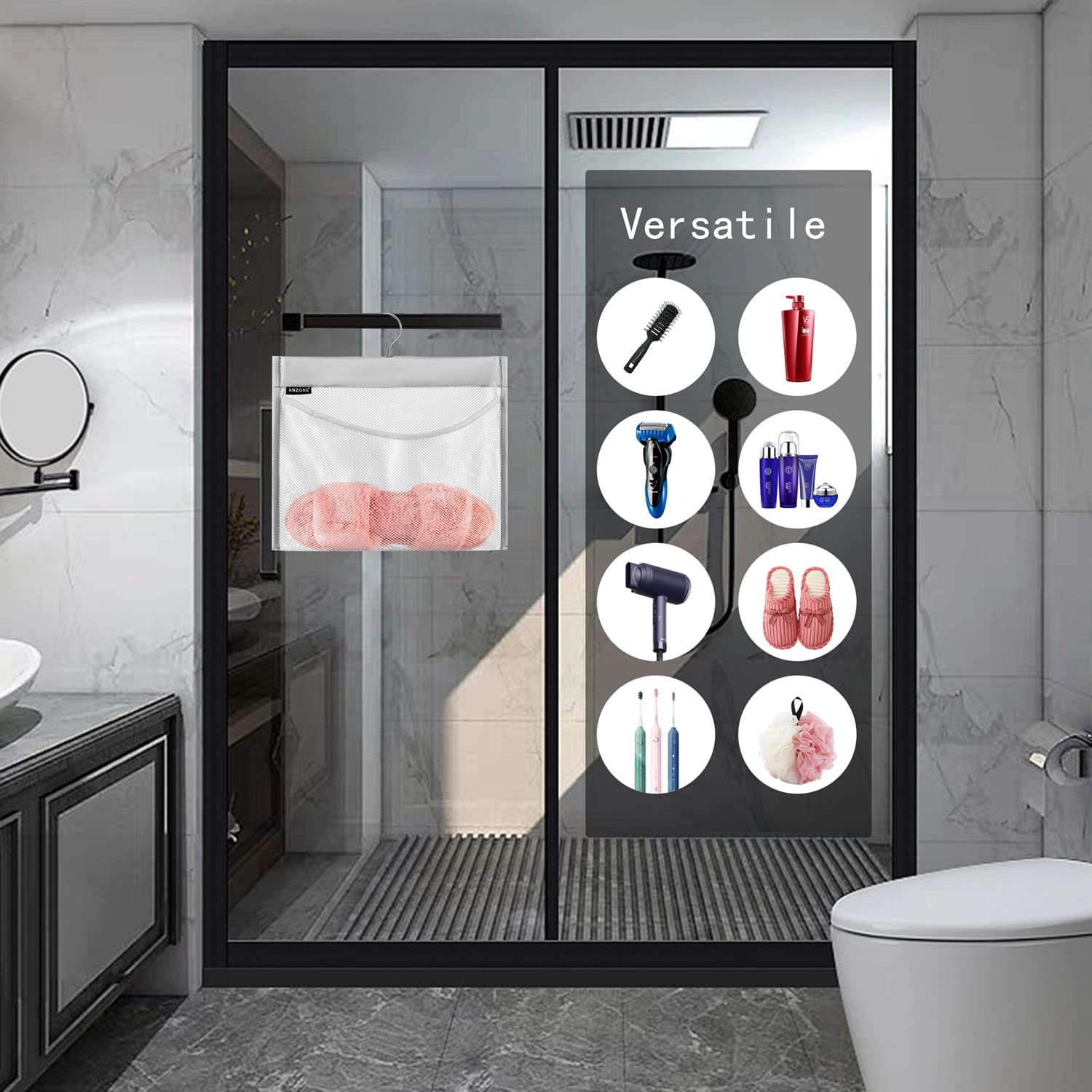 Anzorg Mesh Shower Organizer Hanging Caddy Quick Dry Bathroom Storage For Toiletry Accessories With Rotating Hanger (1 Pocket)