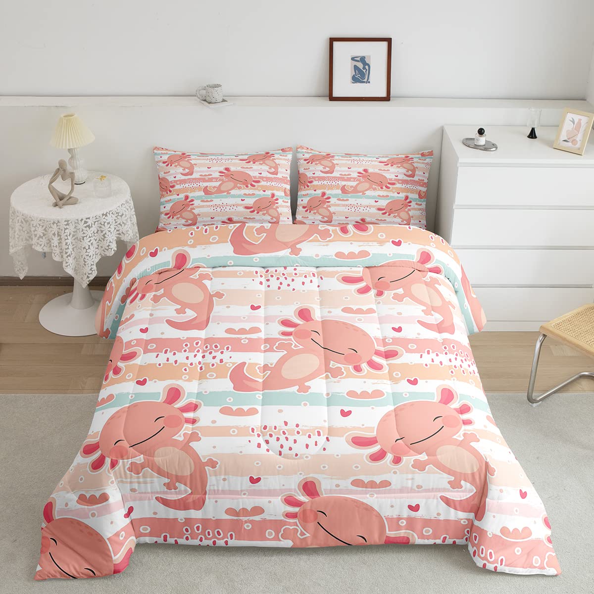 Cute Axolotl Comforter Set Full Size Rainbow Stripes Quilt Set Animal Theme Bedding Comforters 3Pcs For Kids Teens Room Decor,Pi
