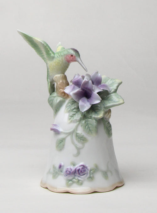 #02003 Fine Porcelain Hummingbird with Violet Flowers Tea Light Candle Holder Figurine, 6 H