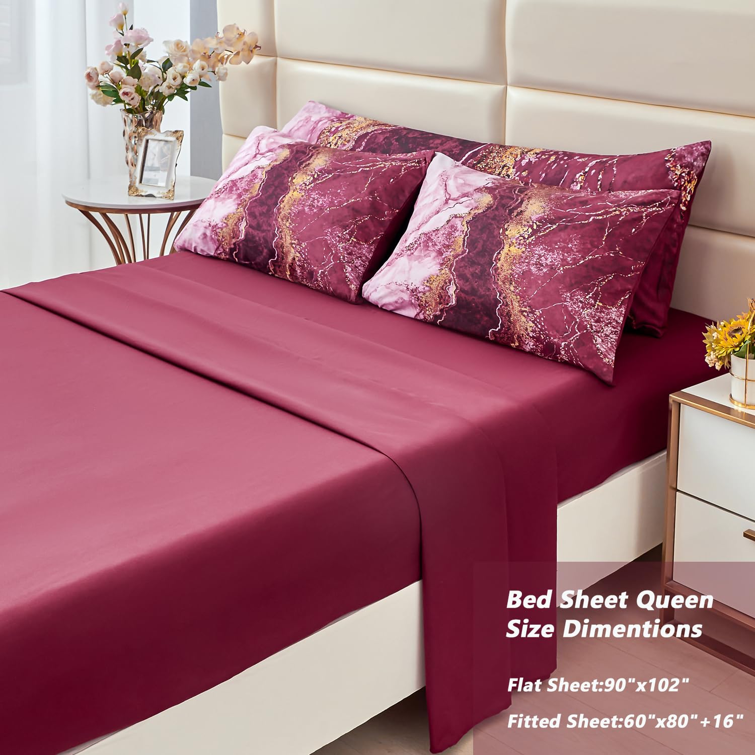 Perfemet 6-Piece Bed In A Bag Queen Burgundy Marble Comforter Set With Sheets Aesthetic Retro Artwork Style Dark Red Bedding Set