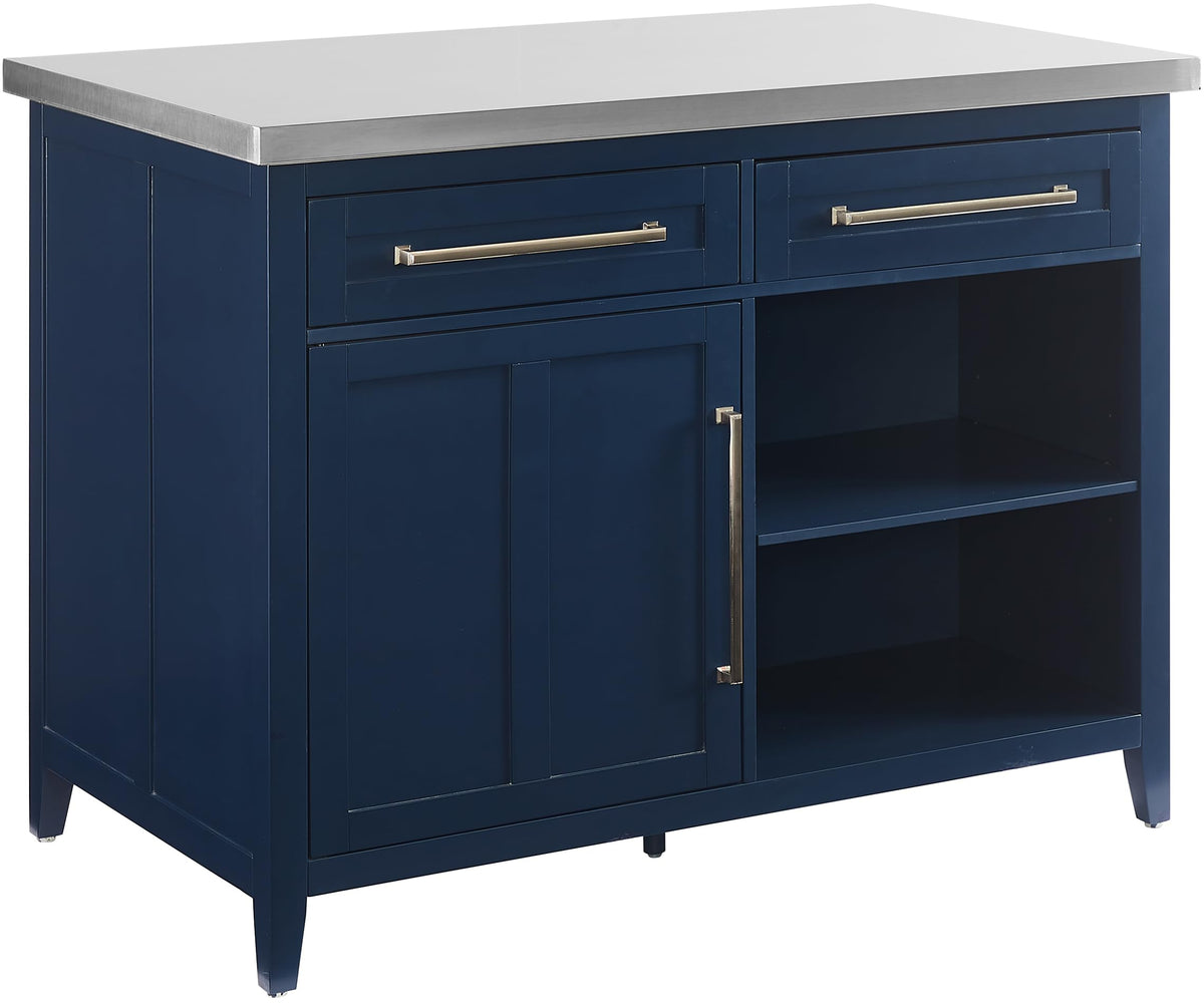 Crosley Furniture Silvia Stainless Steel Top Kitchen Island, Microwave Stand, Coffee Bar, with Shelves, Navy/Stainless Steel