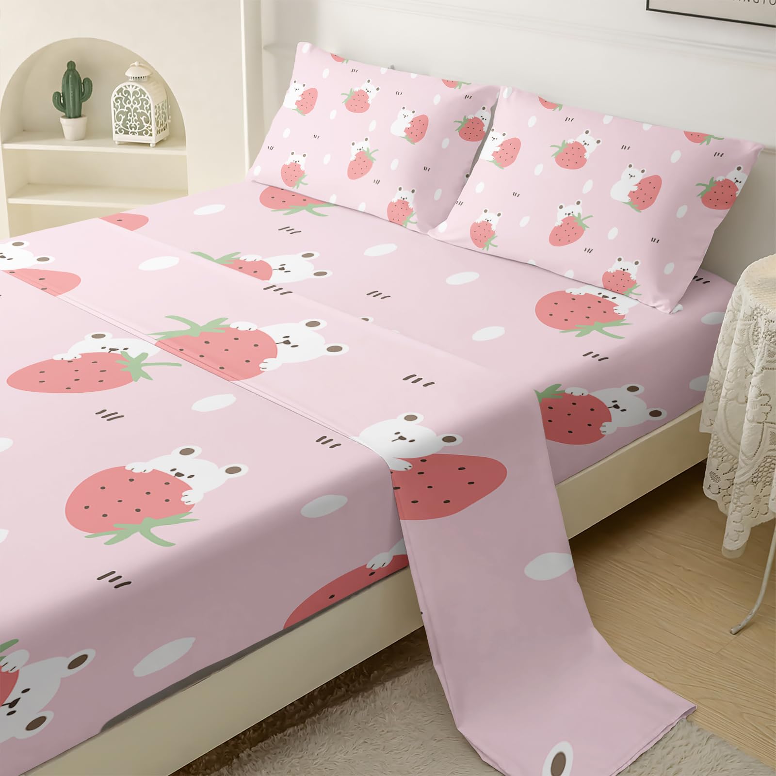 Qoomo Bear Sheet Set,Strawberry Kids Bed Sheets,Pink Bear 16'' Deep Pocket Bed Sheet Set For Boys/Girls/Kids/Teens,4 Piece Sheet